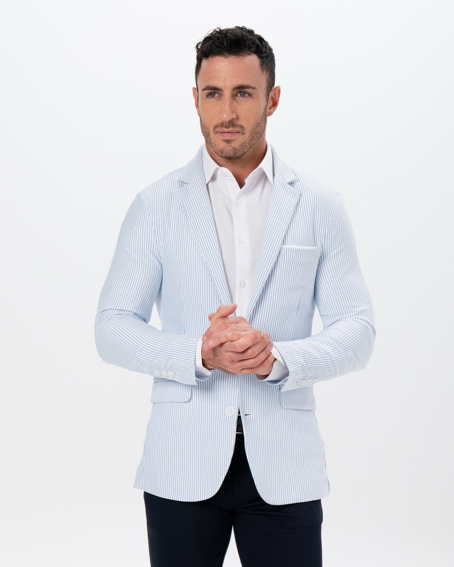 Athletic Fit Stretch Blazer - Light Blue & White Seersucker | State & Liberty Suits|Blazers