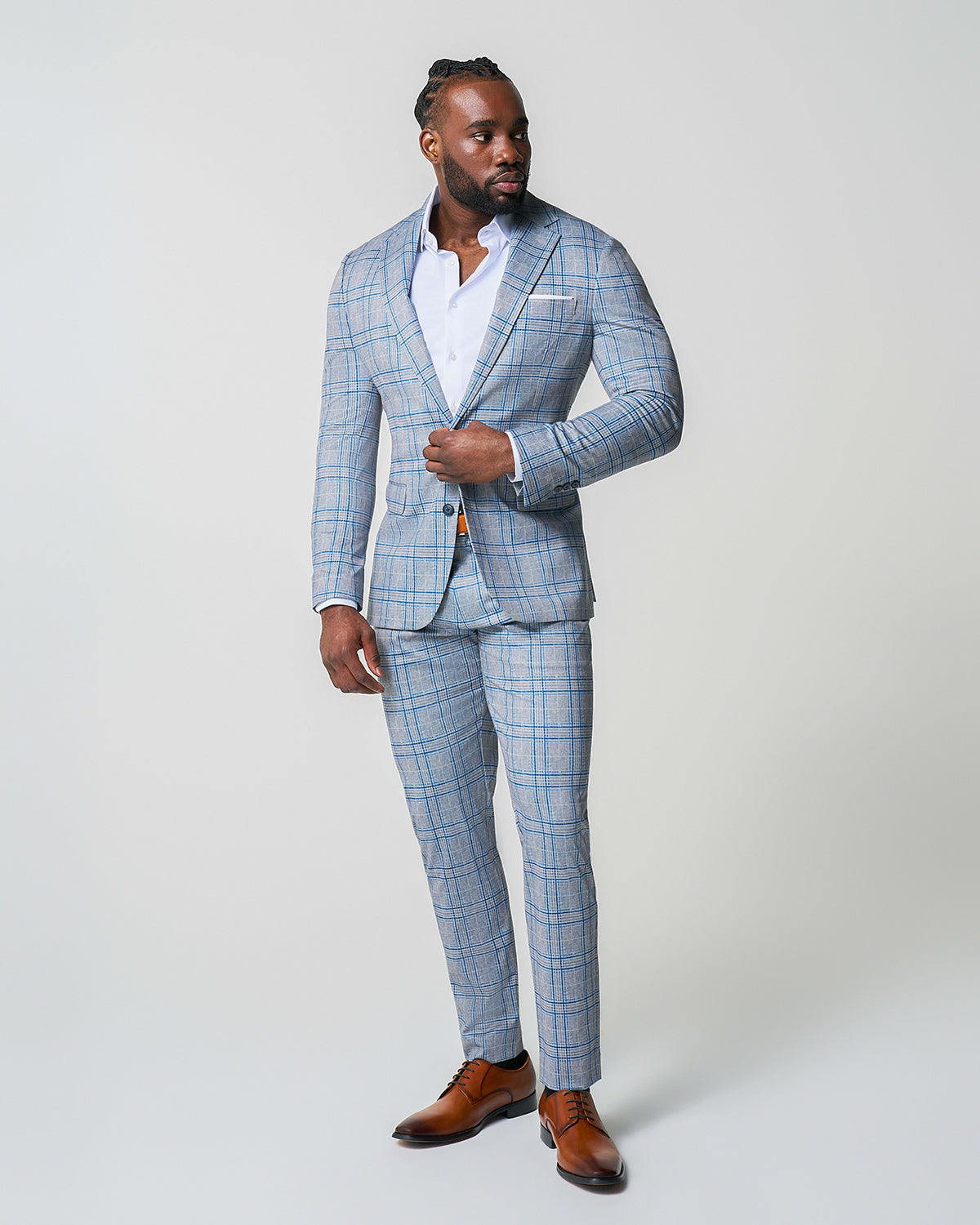 Athletic Fit Stretch Suit Pants - Grey & Royal Blue Plaid | State & Liberty Suits|Bottoms
