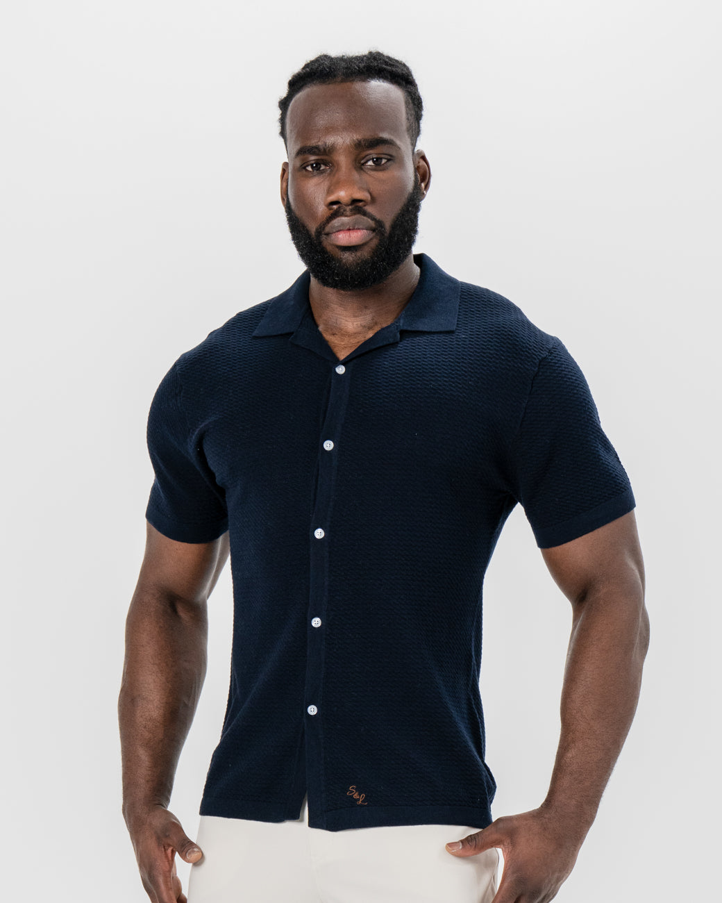 Textured Knit Short Sleeve Button Down - Navy | State & Liberty Tops
