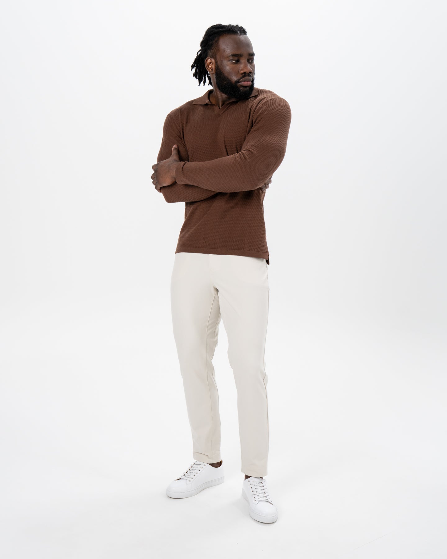 Textured Buttonless Long Sleeve Polo - Brown | State & Liberty Tops