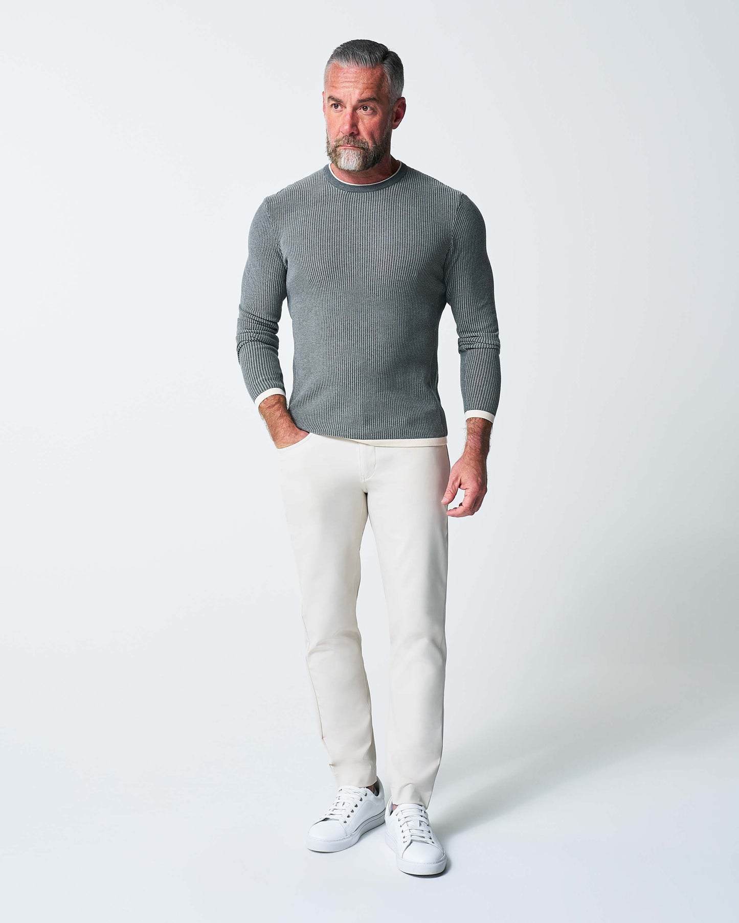 Lightweight Ribbed Knit Crewneck Sweater - Dark Grey & Beige | State & Liberty Tops