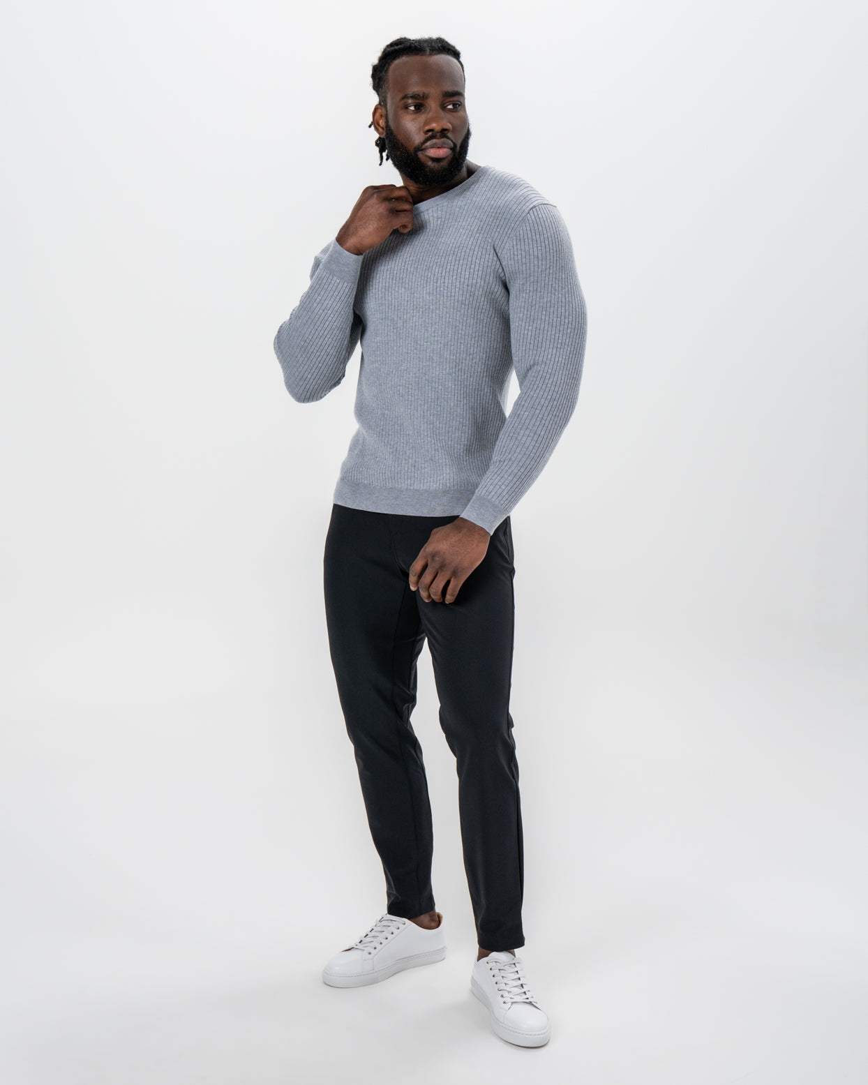 Mid-Weight Ribbed Knit Crewneck Sweater - Light Grey | State & Liberty Tops
