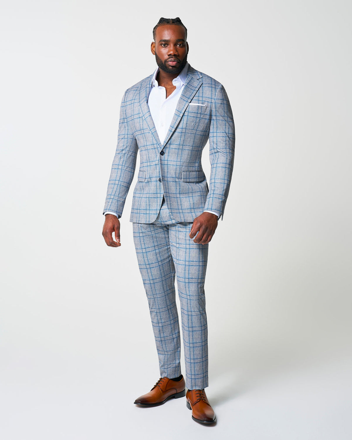 Athletic Fit Stretch Suit - Grey & Royal Blue Plaid | State & Liberty Suits