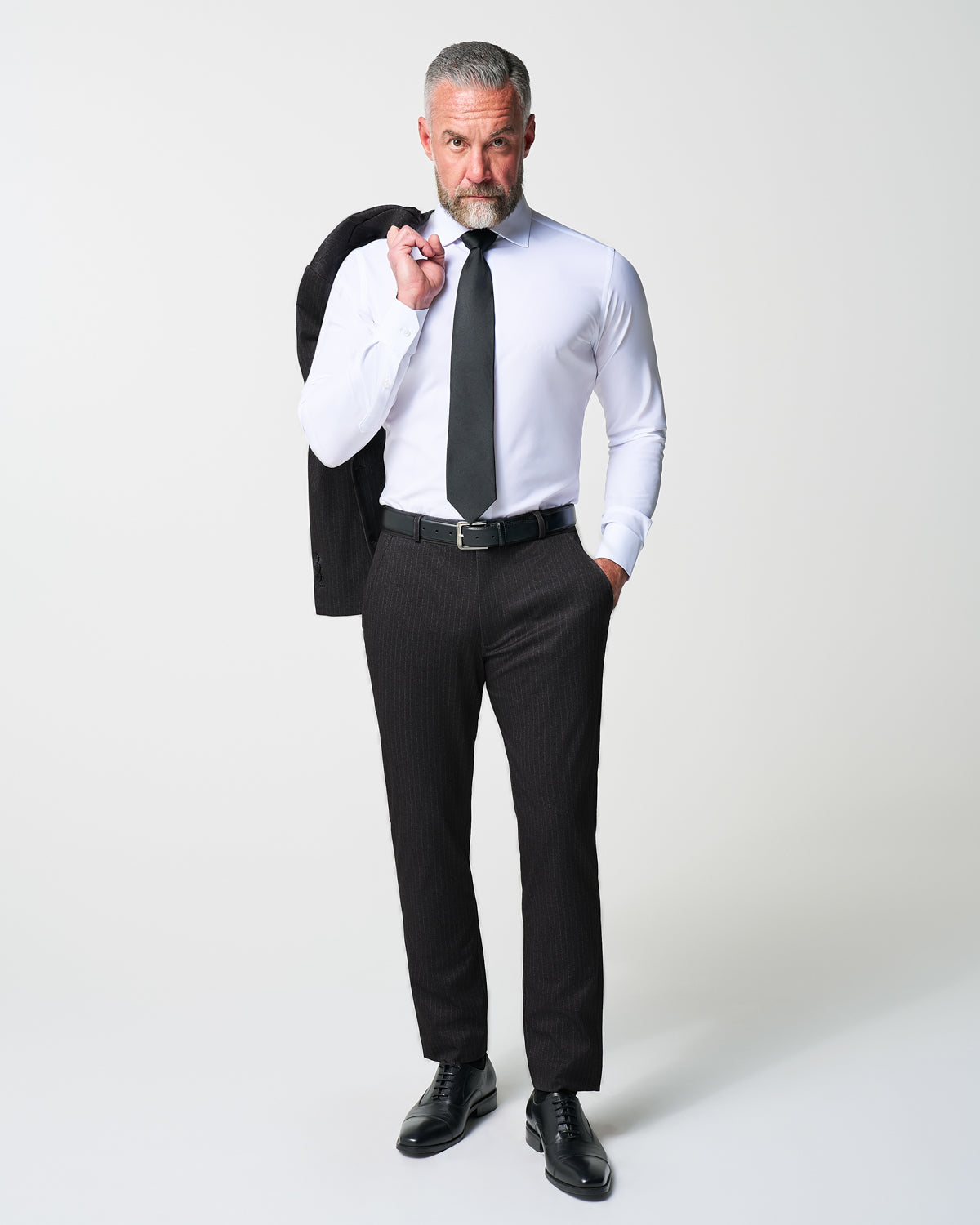 Athletic Fit Stretch Suit - Knit Charcoal Chalk Stripe | State & Liberty Suits