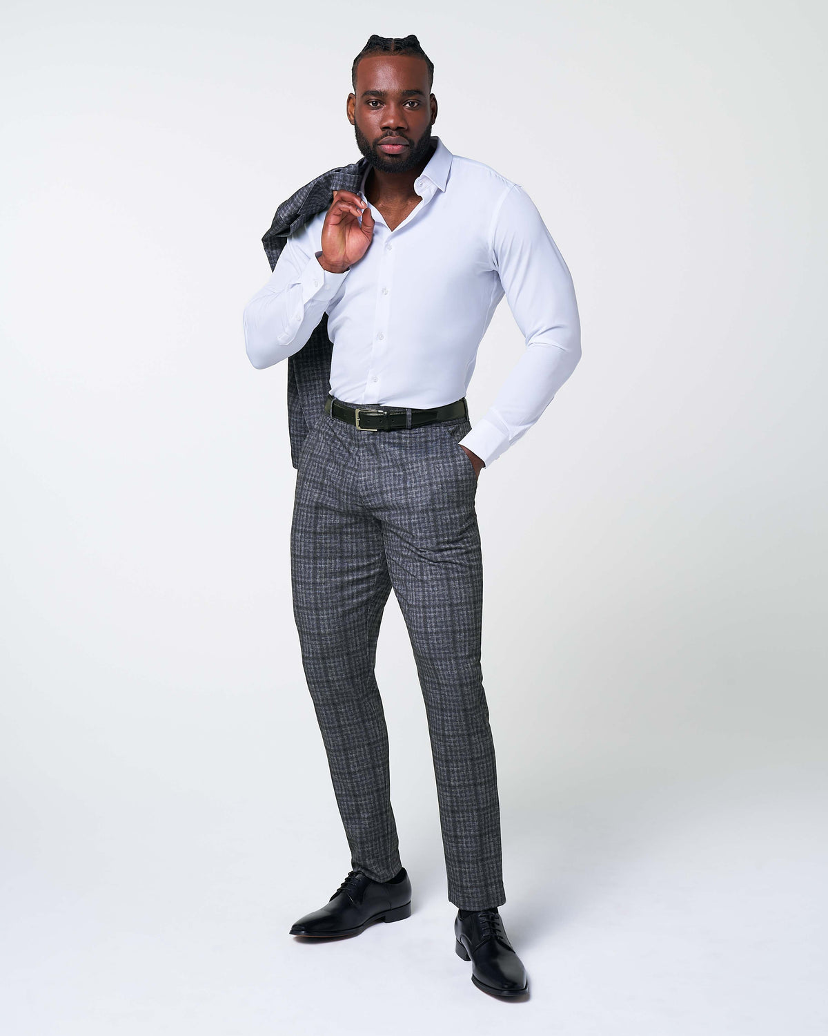 Athletic Fit Stretch Suit - Iron Grey & Charcoal Plaid | State & Liberty Suits