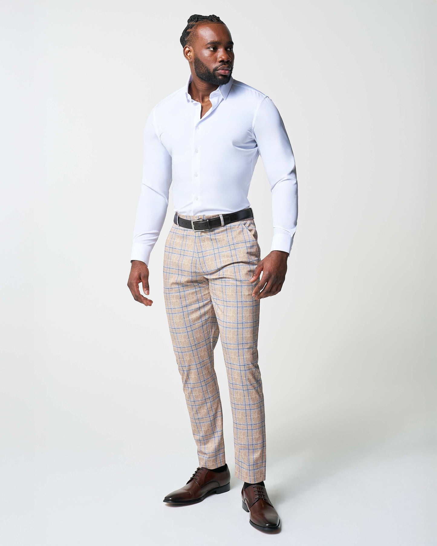 Athletic Fit Stretch Suit - Tan and Blue Plaid | State & Liberty Suits