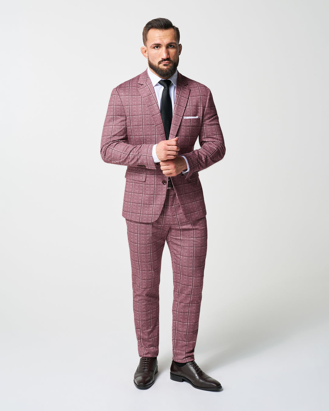 Athletic Fit Stretch Suit - Crimson with Burgundy Big Windowpane | State & Liberty Suits
