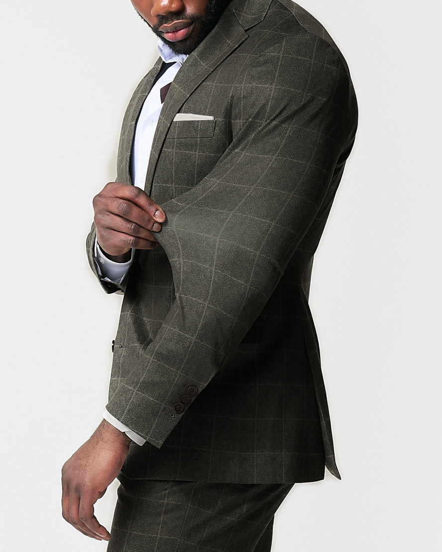 Athletic Fit Stretch Suit - Olive with White Windowpane | State & Liberty Suits