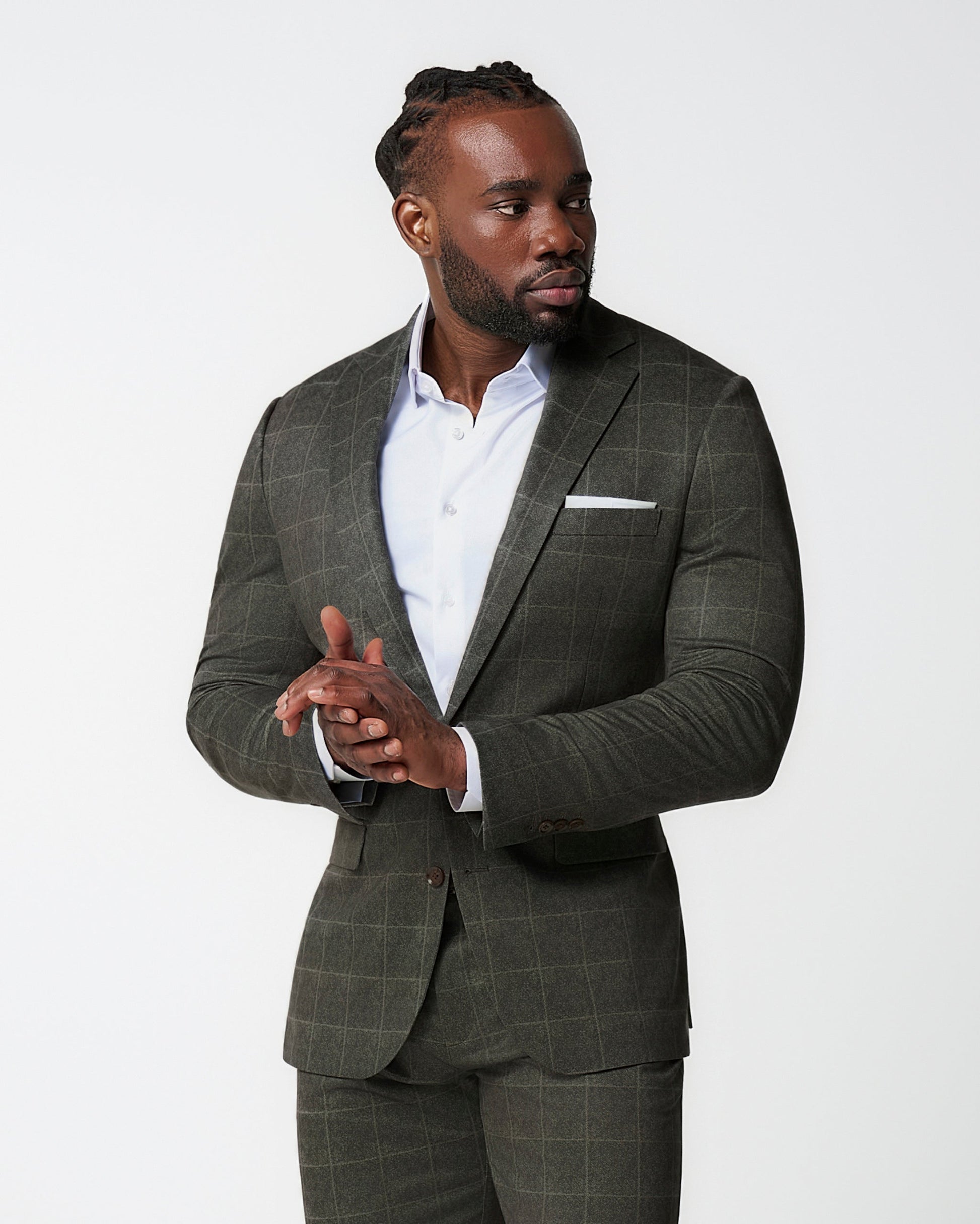 Athletic Fit Stretch Suit - Olive with White Windowpane | State & Liberty Suits