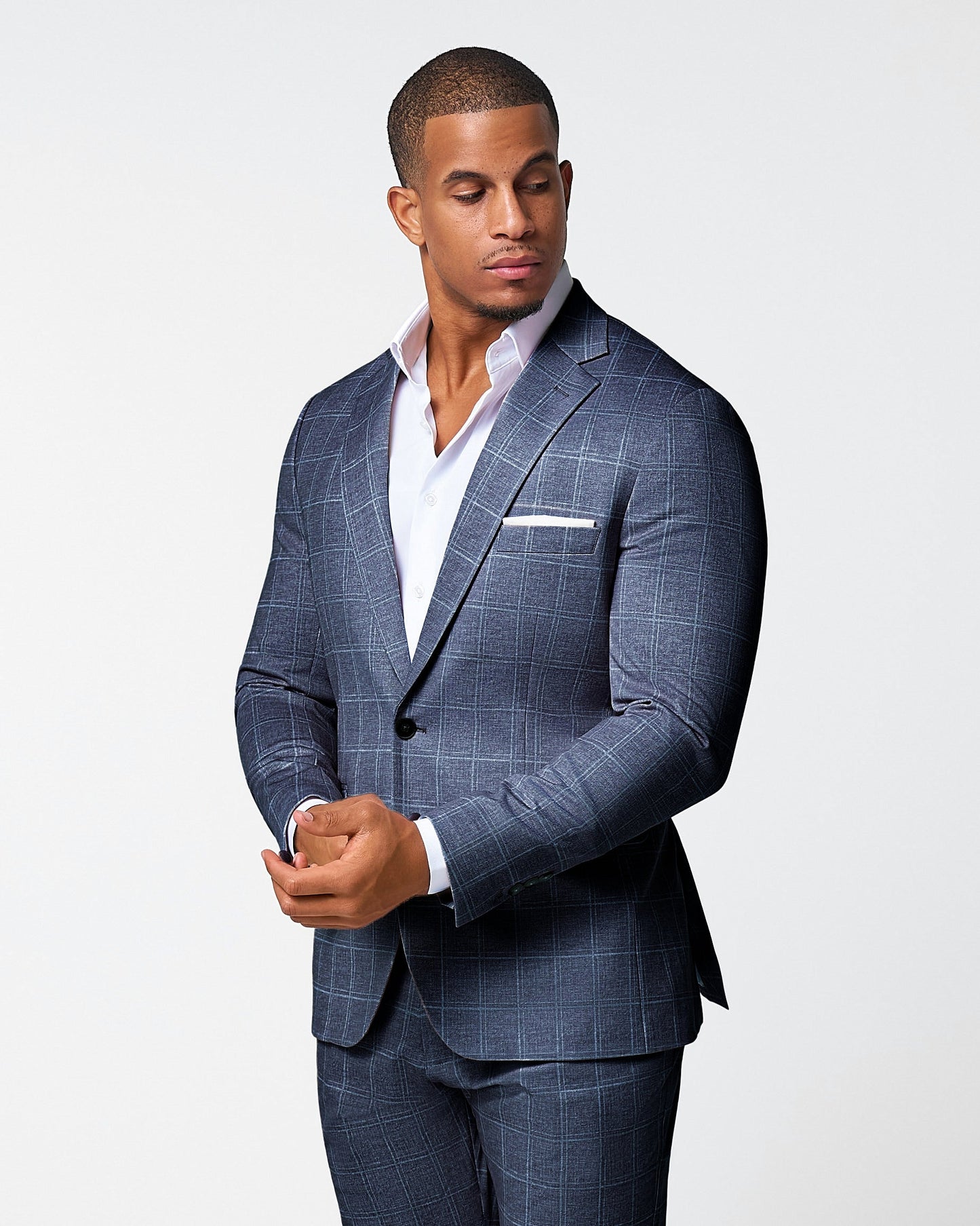 Athletic Fit Stretch Suit - Textured Navy with White Windowpane | State & Liberty Suits