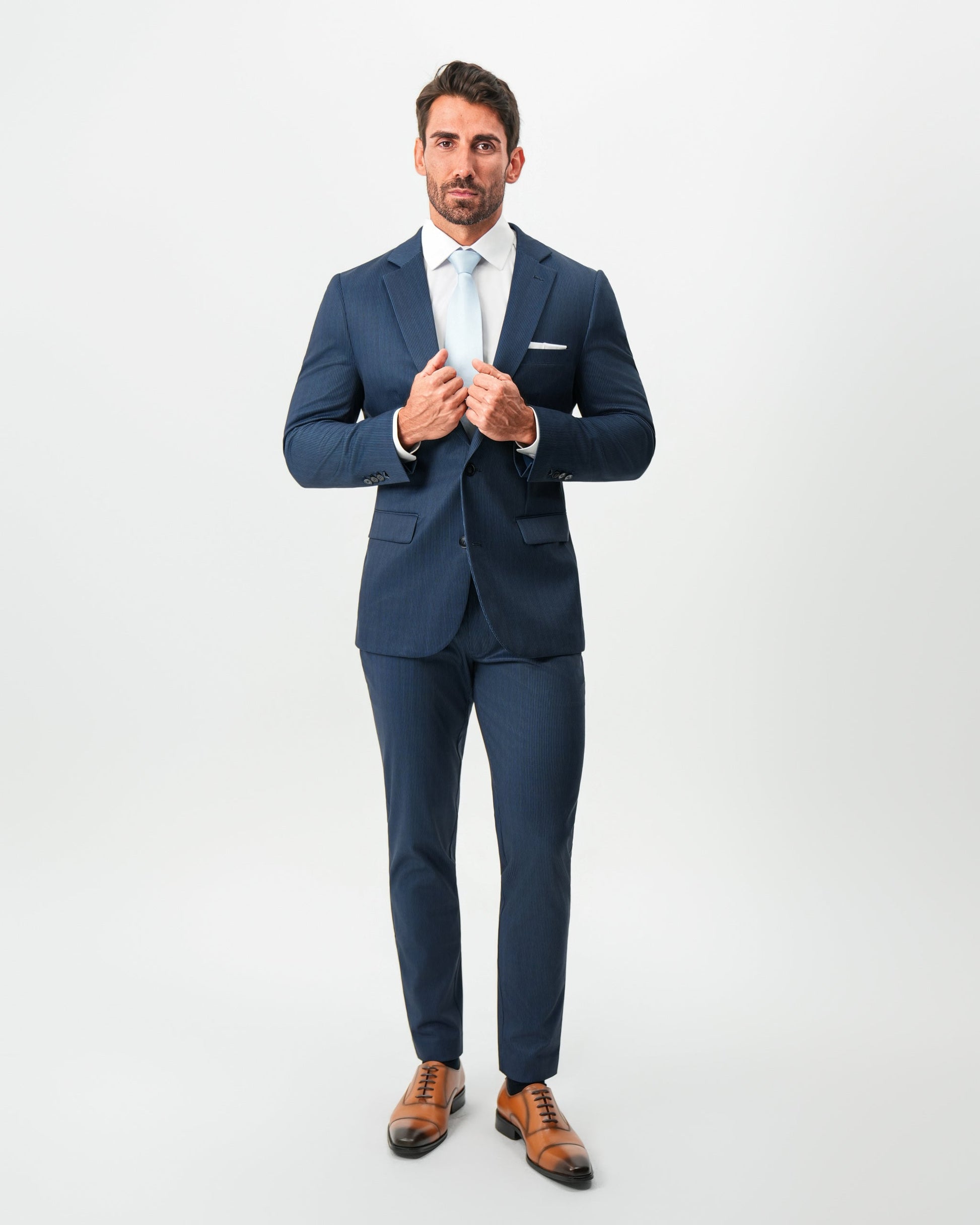 Athletic Fit Stretch Suit - Navy & White Pinstripe | State & Liberty Suits