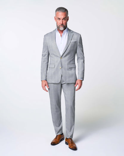 Athletic Fit Stretch Suit - Ash Grey with White Plaid | State & Liberty Suits