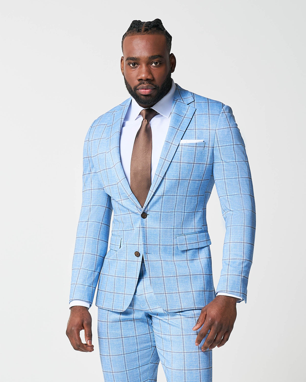 Athletic Fit Stretch Suit - Light Blue and Brown Big Windowpane | State & Liberty Suits