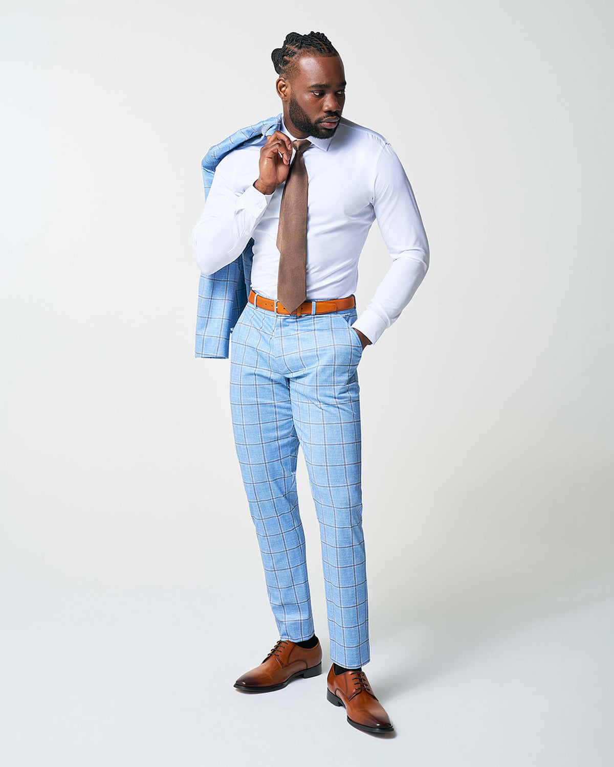 Athletic Fit Stretch Suit - Light Blue and Brown Big Windowpane | State & Liberty Suits