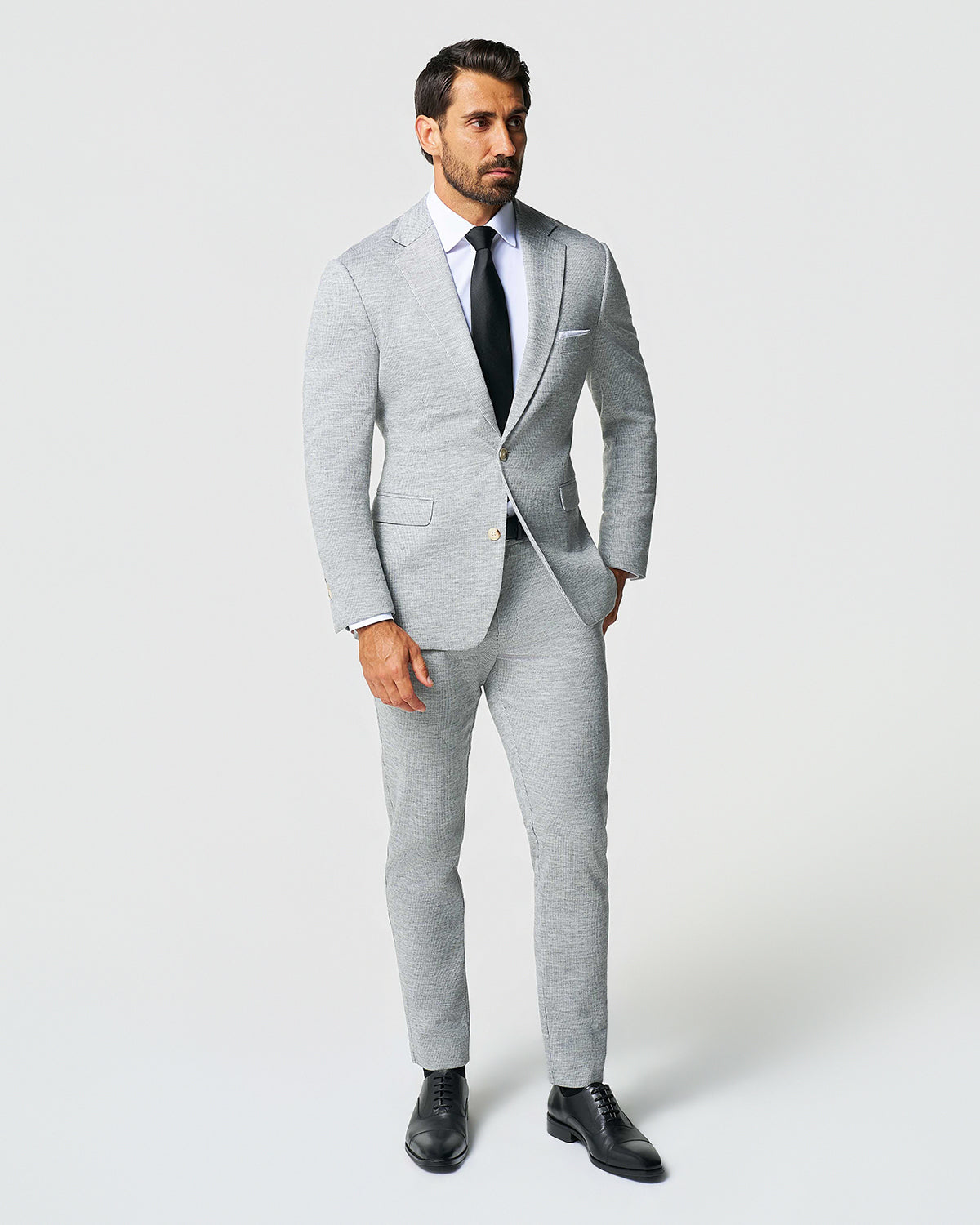 Athletic Fit Stretch Wool Suit - Light Grey with White Mini Stripe | State & Liberty Suits