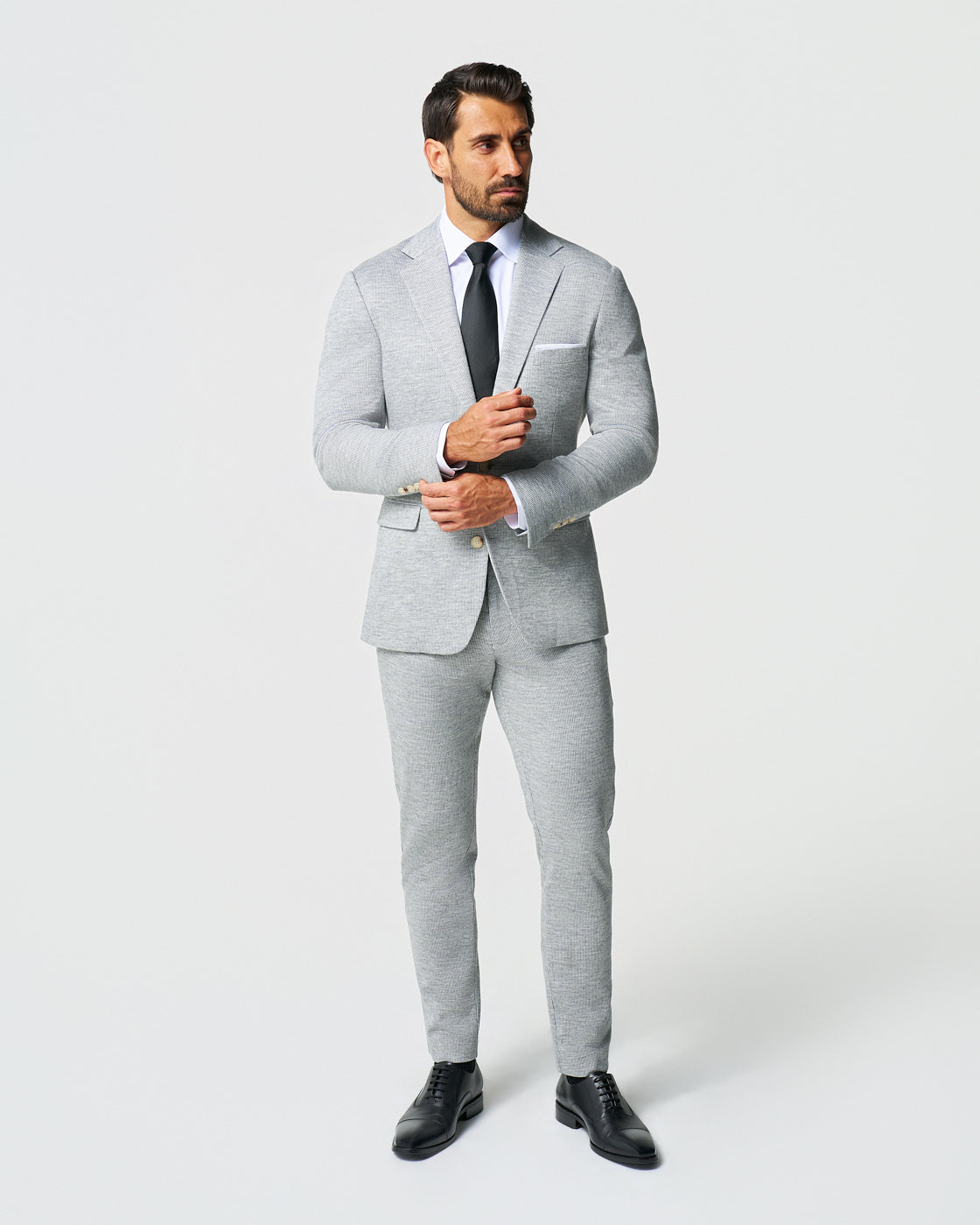 Athletic Fit Stretch Wool Suit - Light Grey with White Mini Stripe | State & Liberty Suits