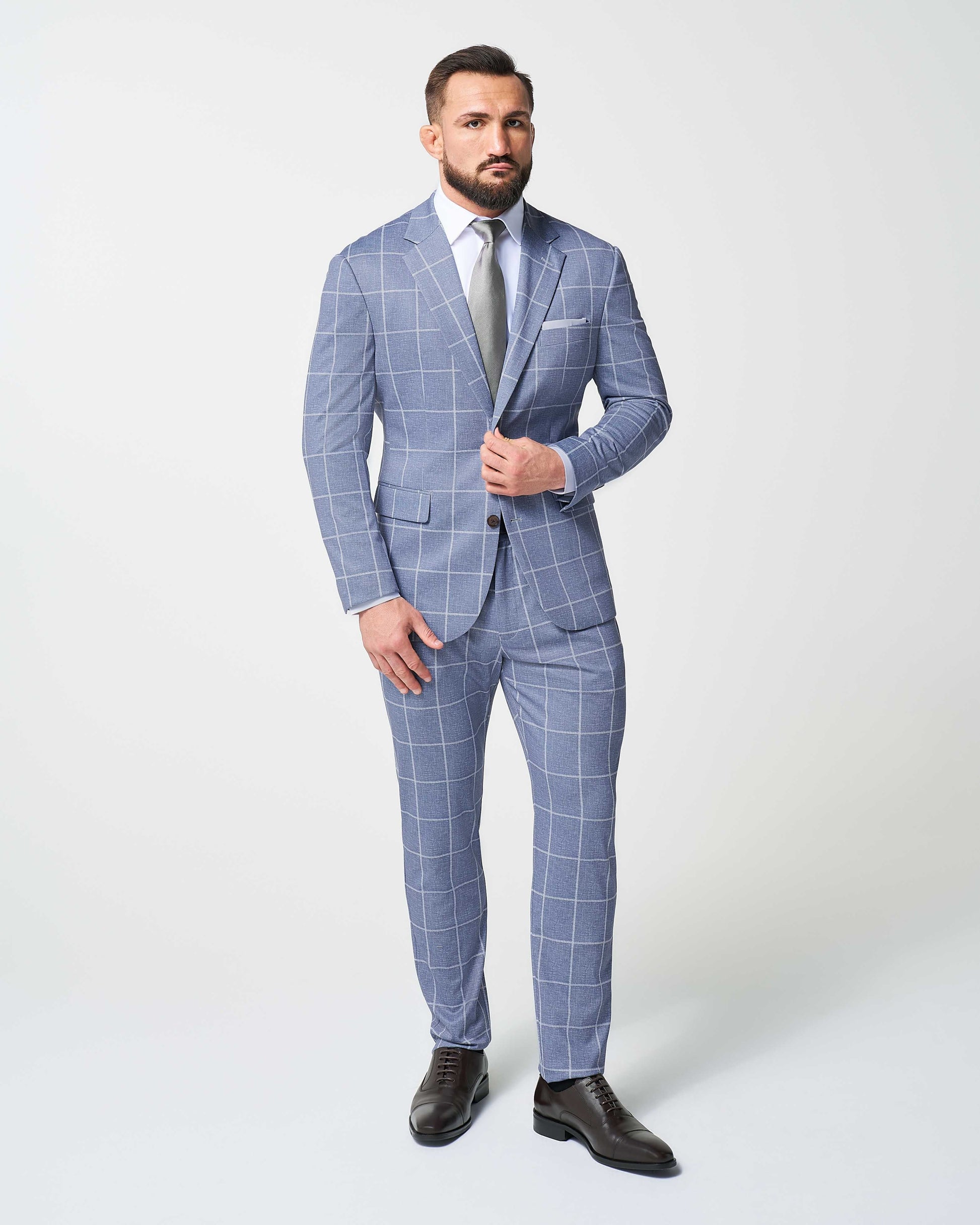 Athletic Fit Stretch Suit - Textured Light Blue with White Windowpane | State & Liberty Suits