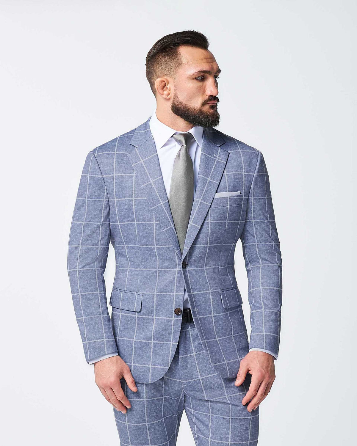 Athletic Fit Stretch Suit - Textured Light Blue with White Windowpane | State & Liberty Suits