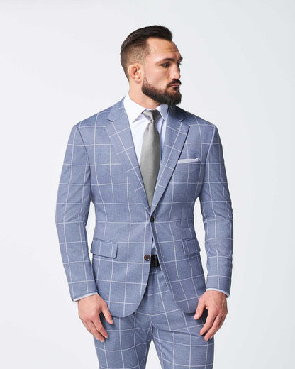 Athletic Fit Stretch Suit - Textured Light Blue with White Windowpane | State & Liberty Suits