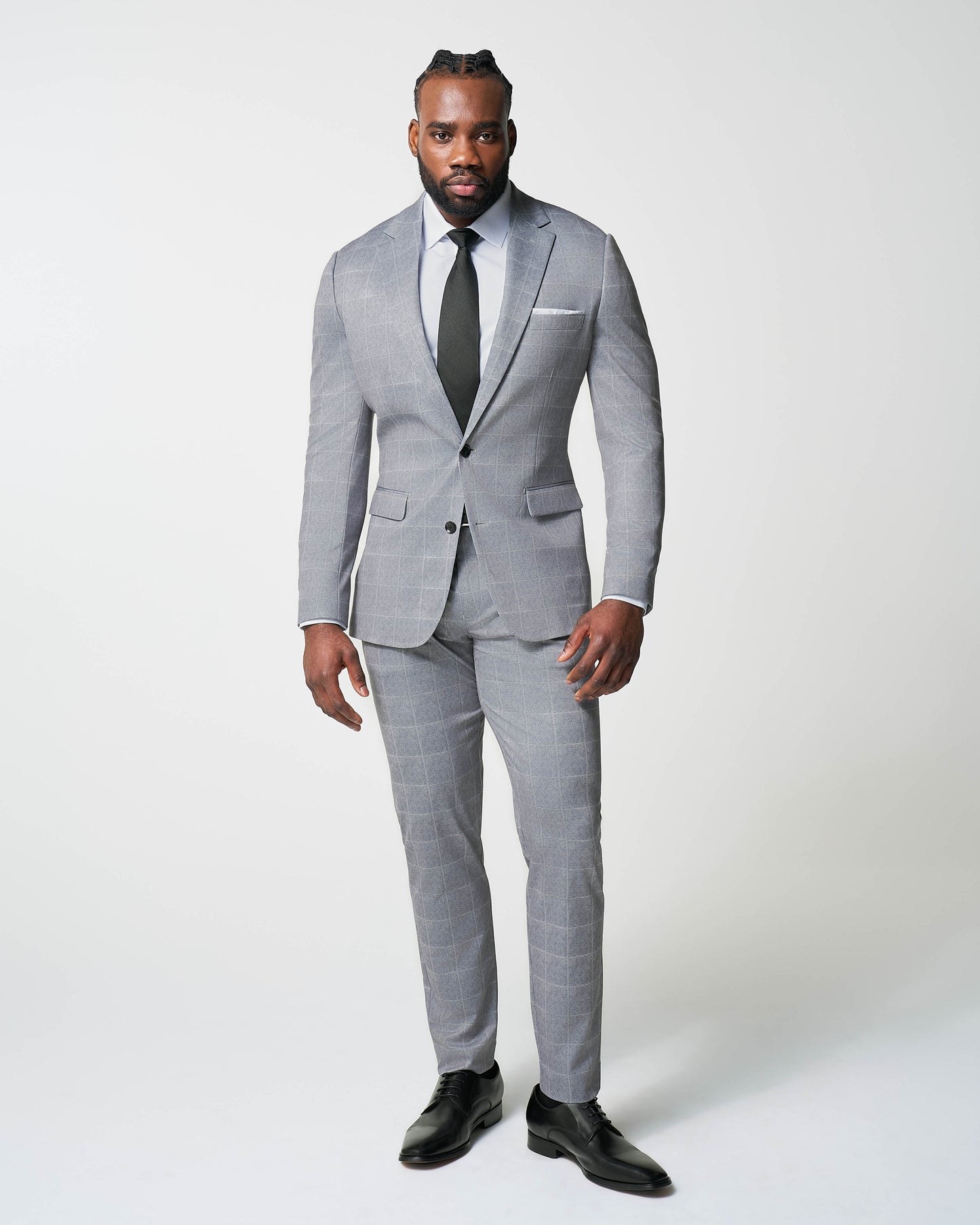 Athletic Fit Stretch Suit - Light Grey & White Windowpane | State & Liberty Suits