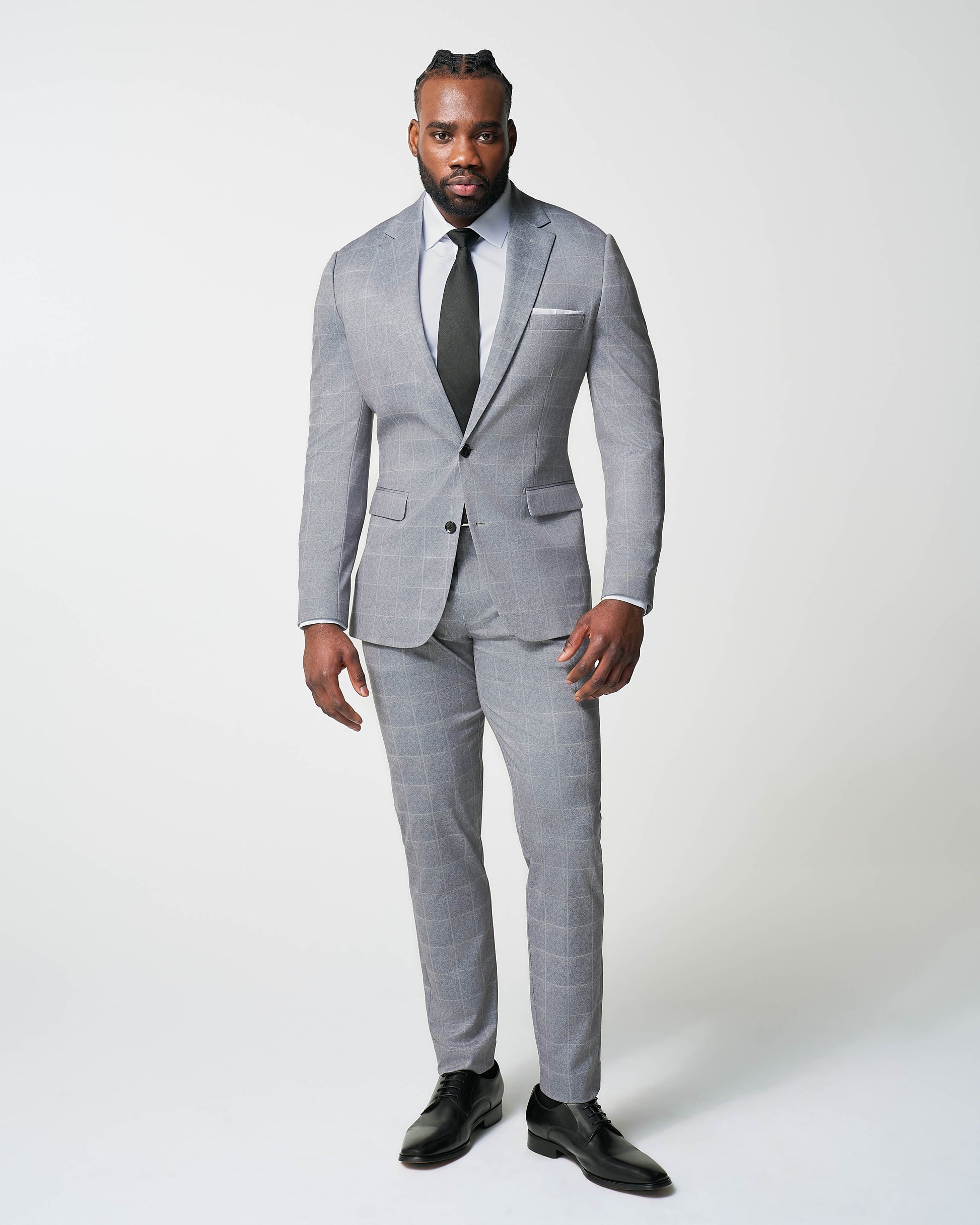 Athletic Fit Stretch Suit - Light Grey & White Windowpane | State & Liberty Suits