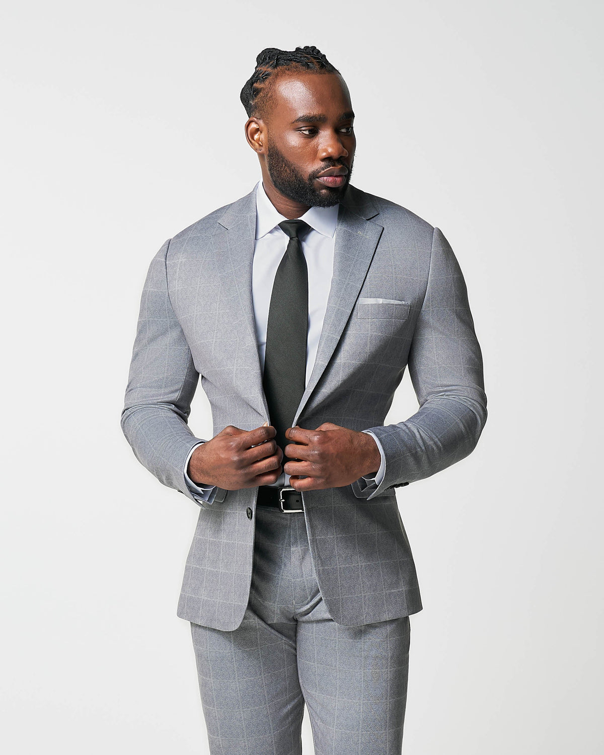 Athletic Fit Stretch Suit - Light Grey & White Windowpane | State & Liberty Suits