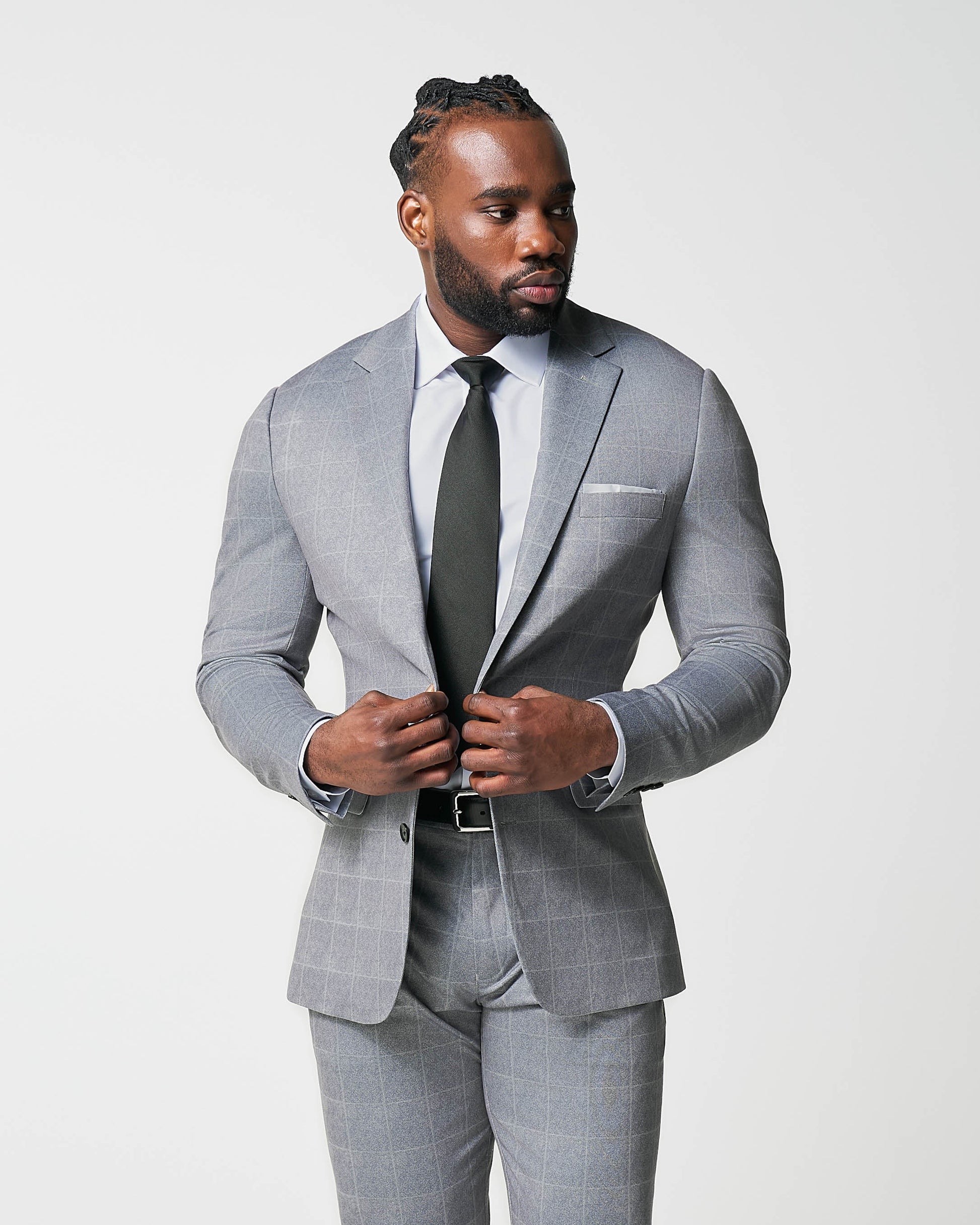 Athletic Fit Stretch Suit - Light Grey & White Windowpane | State & Liberty Suits