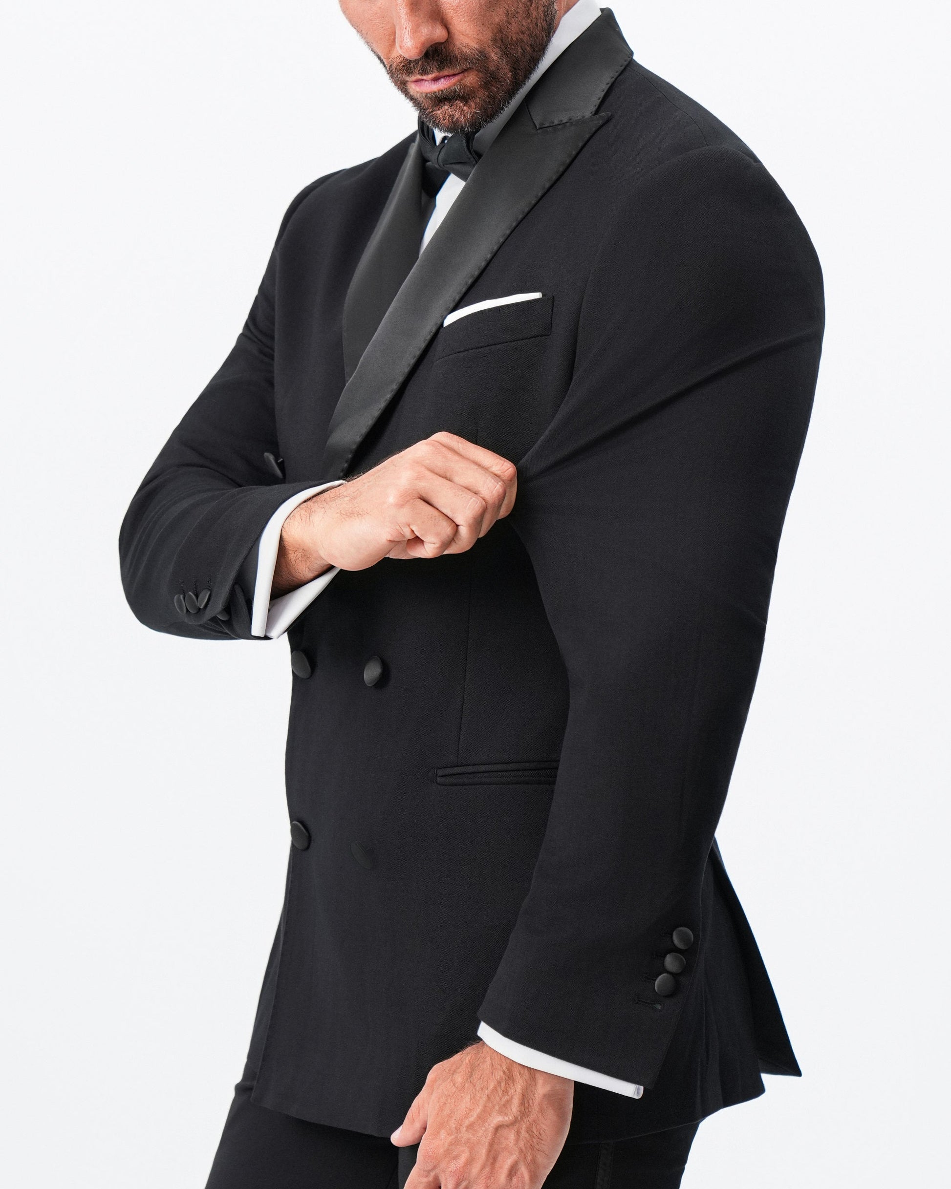 Athletic Fit Stretch Tuxedo Jacket - Double Breasted Solid Black with | State & Liberty Suits|Blazers