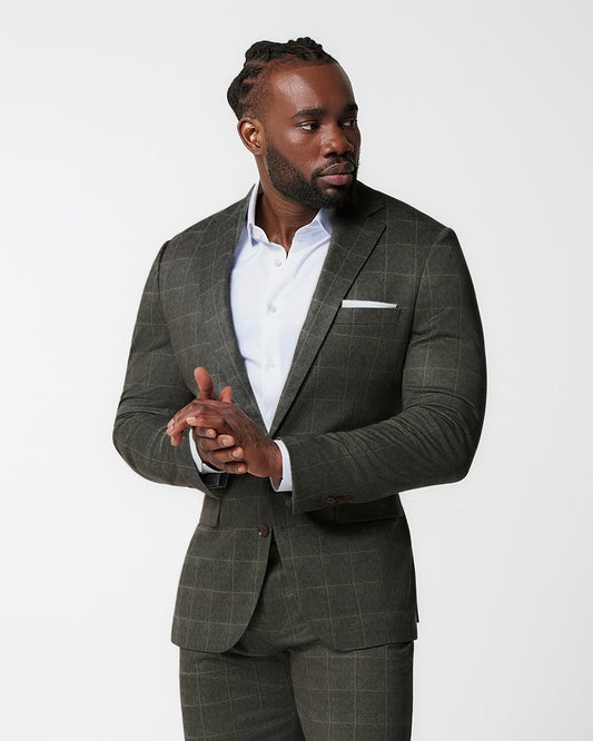 Athletic Fit Stretch Blazer - Olive with White Windowpane | State & Liberty Suits|Blazers
