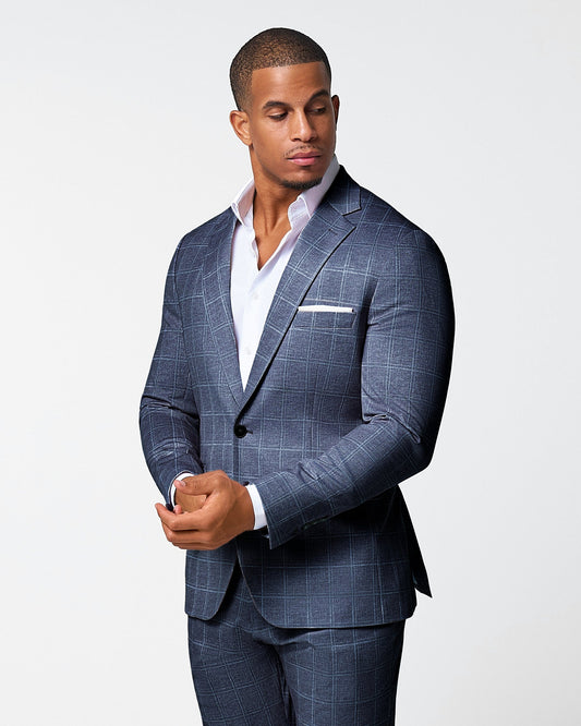 Athletic Fit Stretch Blazer - Textured Navy with White Windowpane | State & Liberty Suits|Blazers