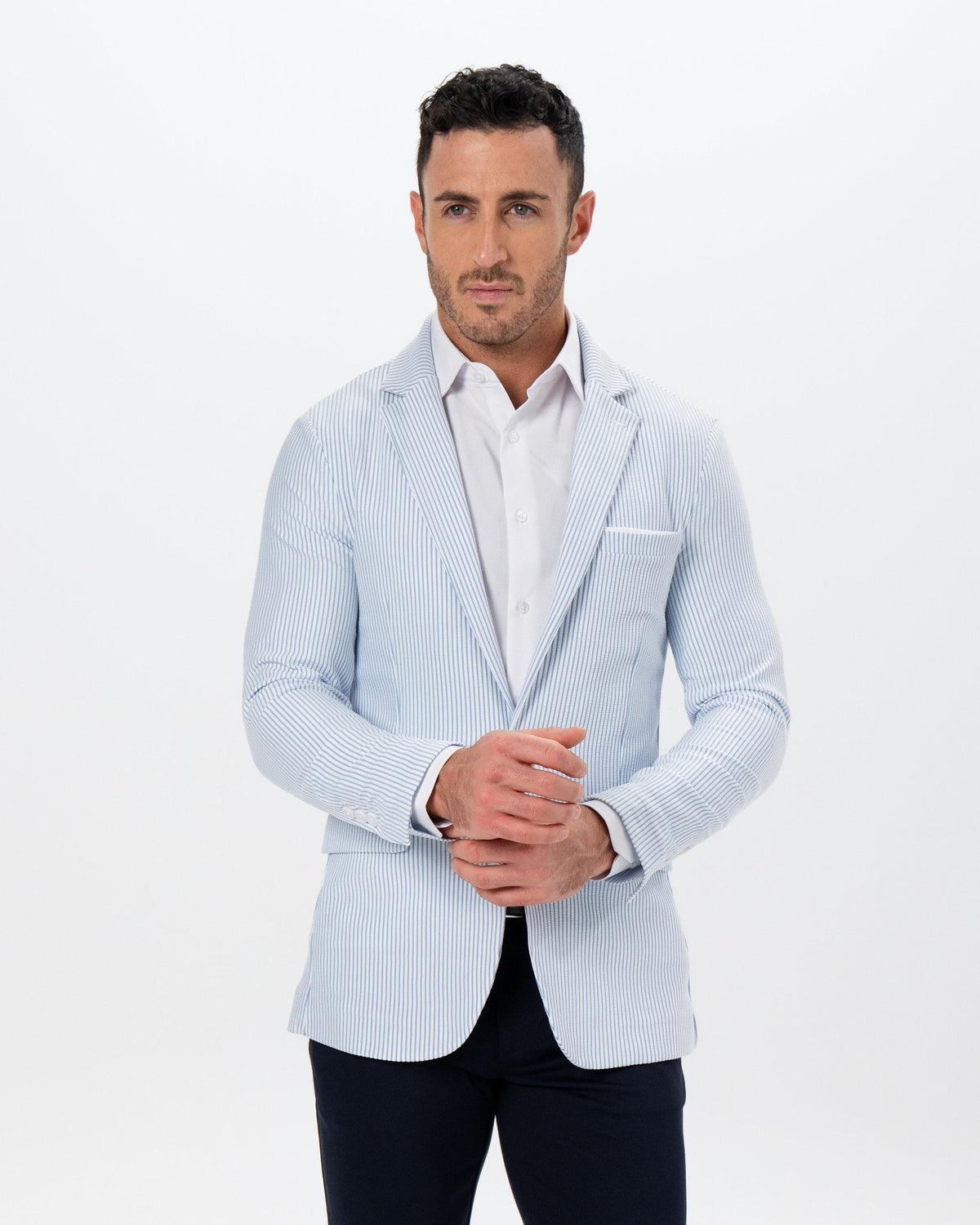 Athletic Fit Stretch Blazer - Light Blue & White Seersucker | State & Liberty Suits|Blazers