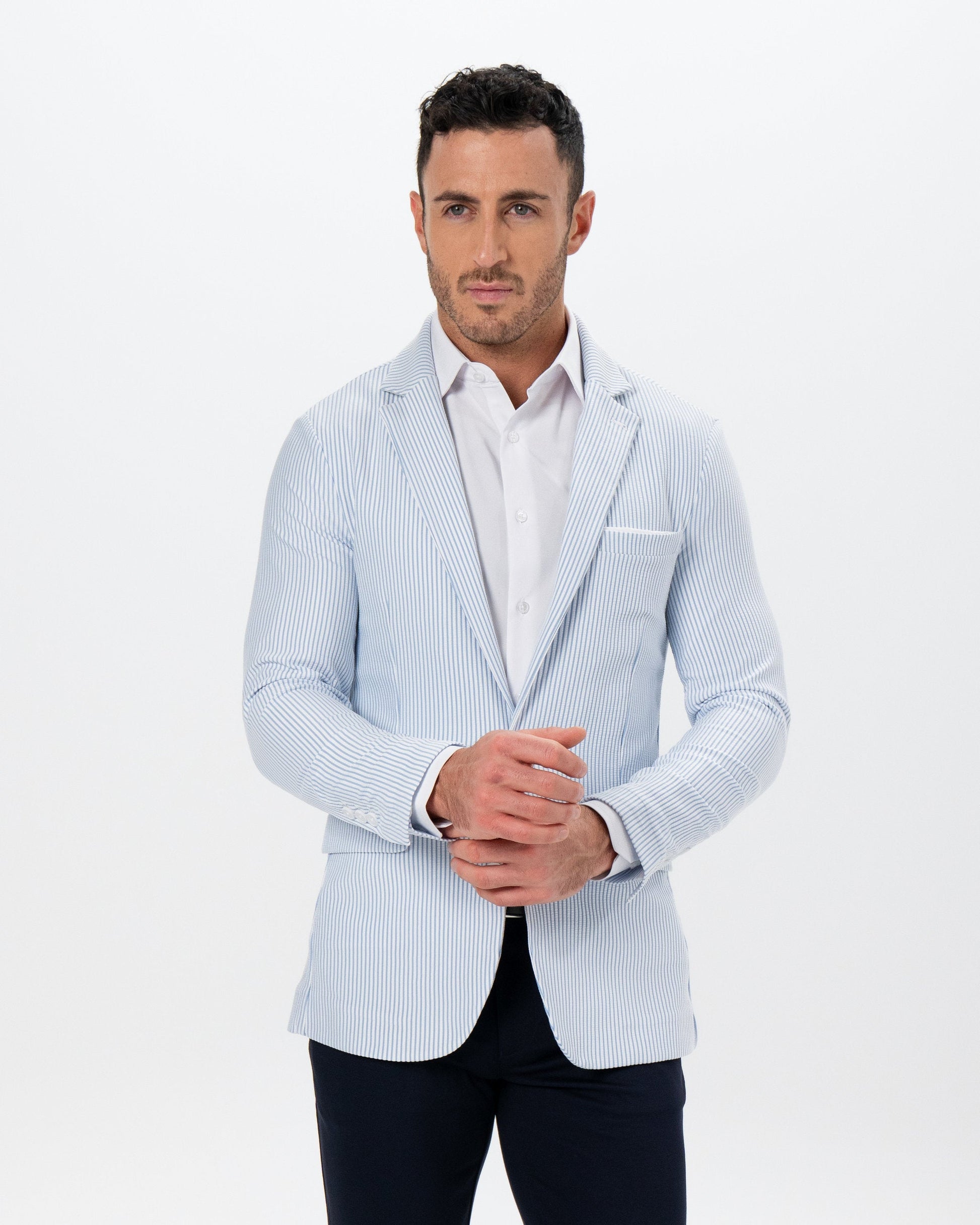 Athletic Fit Stretch Blazer - Light Blue & White Seersucker | State & Liberty Suits|Blazers