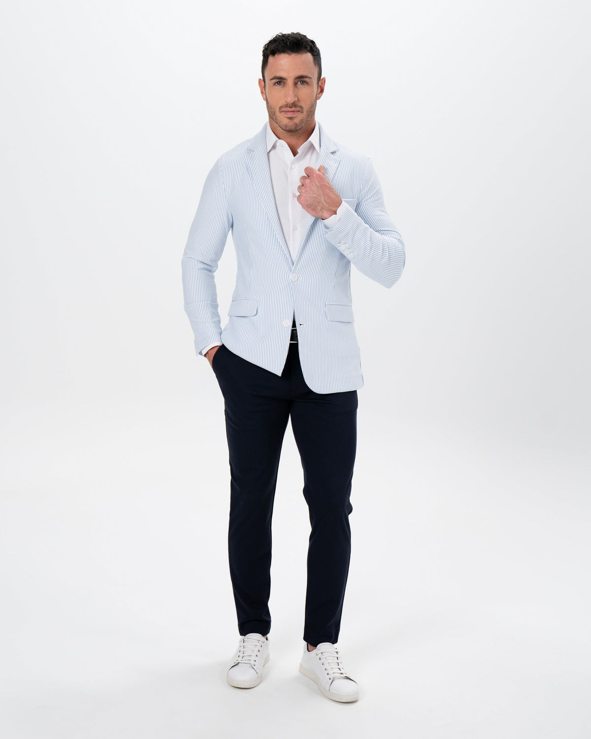 Athletic Fit Stretch Blazer - Light Blue & White Seersucker | State & Liberty Suits|Blazers