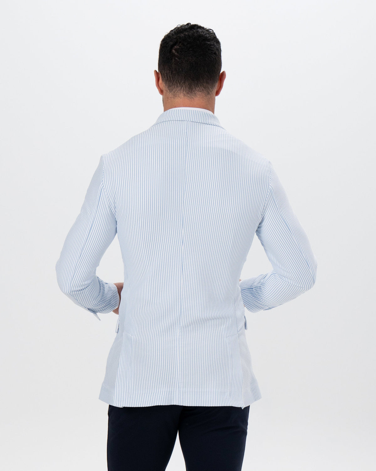 Athletic Fit Stretch Blazer - Light Blue & White Seersucker | State & Liberty Suits|Blazers