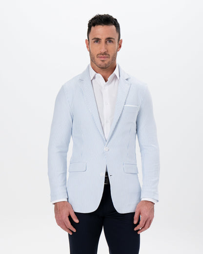Athletic Fit Stretch Blazer - Light Blue & White Seersucker | State & Liberty Suits|Blazers