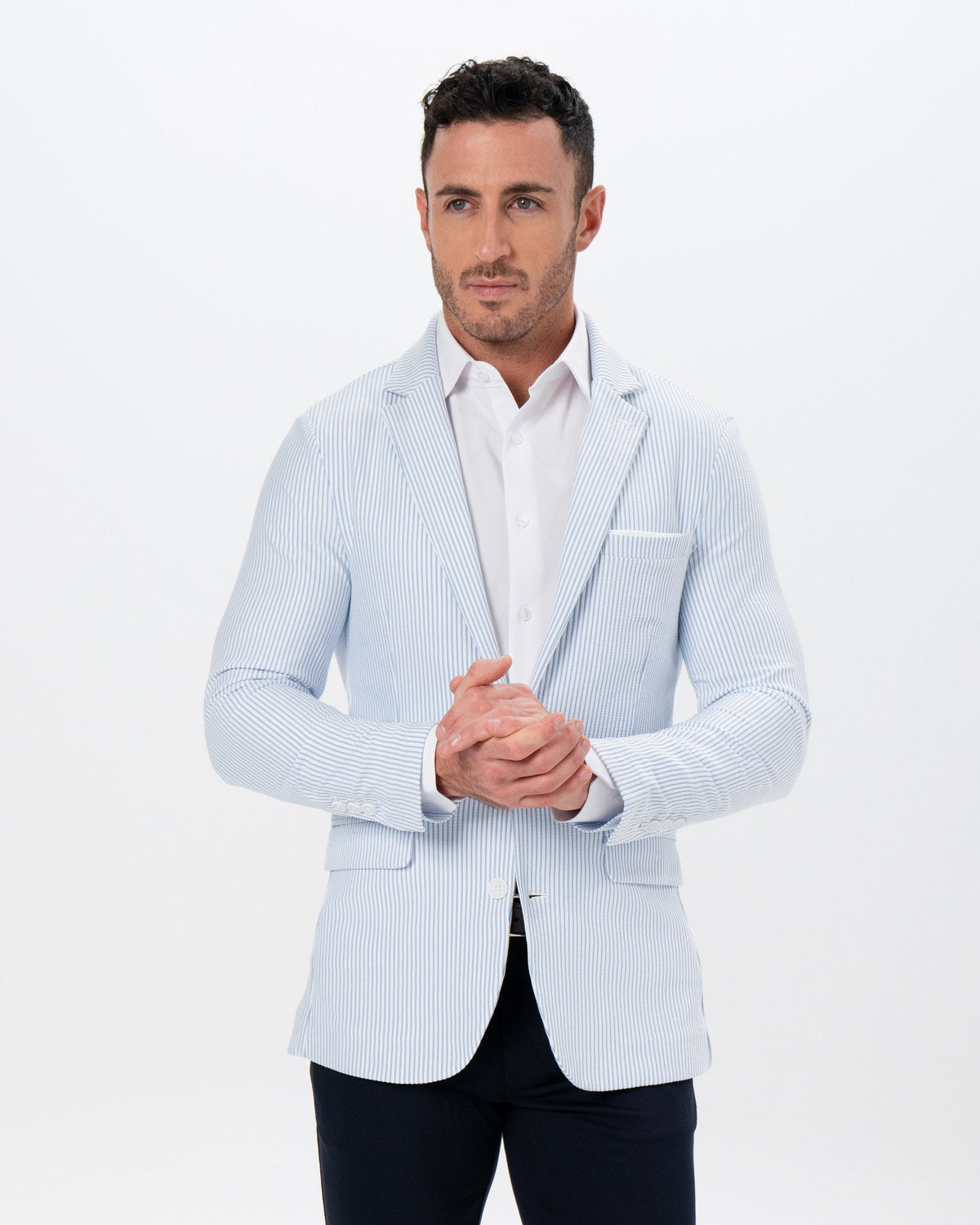 Athletic Fit Stretch Blazer - Light Blue & White Seersucker | State & Liberty Suits|Blazers