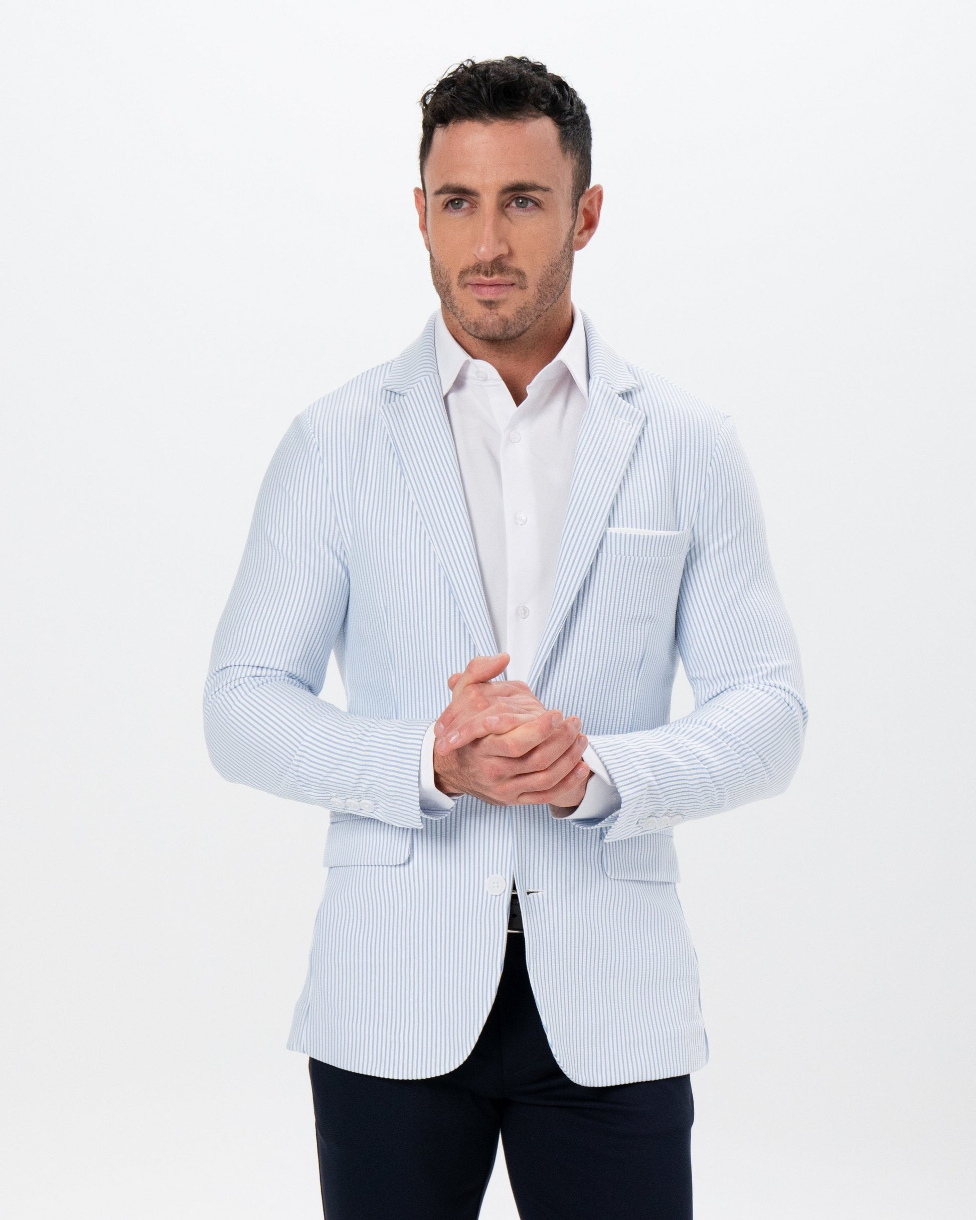 Athletic Fit Stretch Blazer - Light Blue & White Seersucker | State & Liberty Suits|Blazers