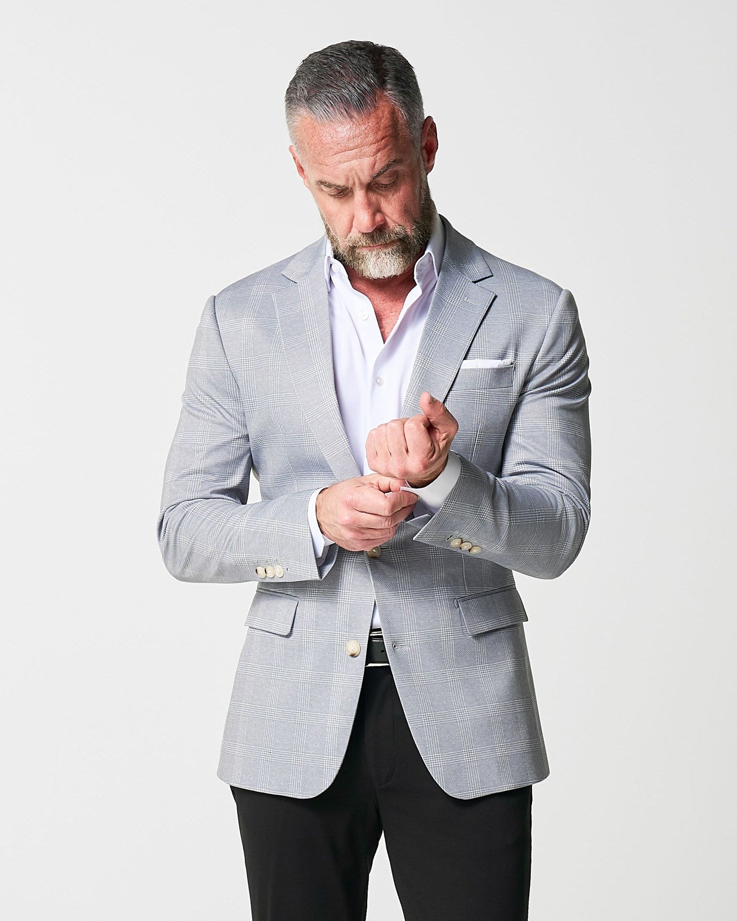 Athletic Fit Stretch Blazer - Ash Grey with White Plaid | State & Liberty Suits|Blazers