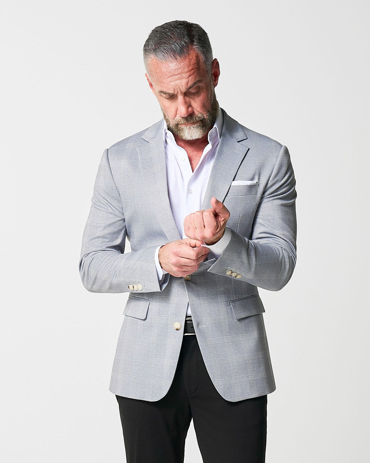 Athletic Fit Stretch Blazer - Ash Grey with White Plaid | State & Liberty Suits|Blazers
