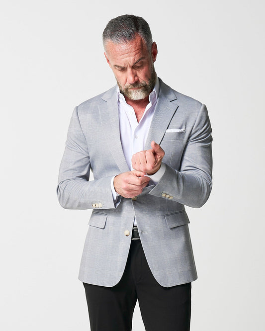 Athletic Fit Stretch Blazer - Ash Grey with White Plaid | State & Liberty Suits|Blazers