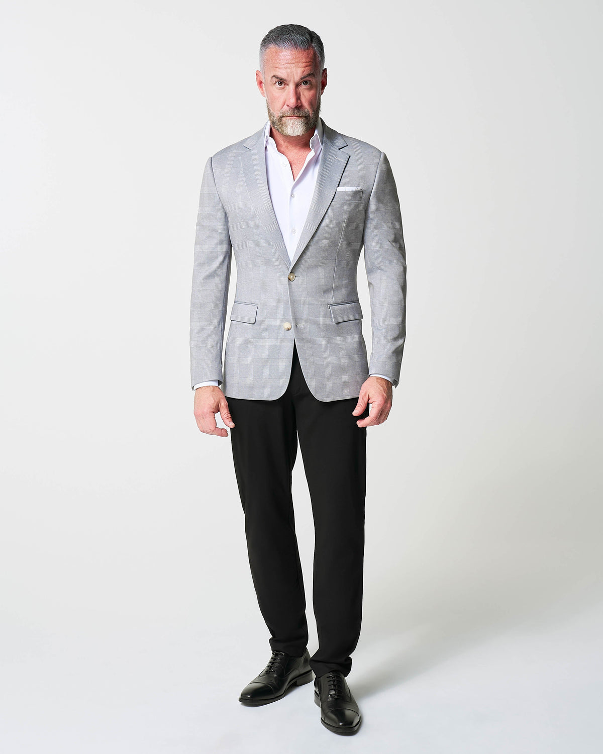 Athletic Fit Stretch Blazer - Ash Grey with White Plaid | State & Liberty Suits|Blazers