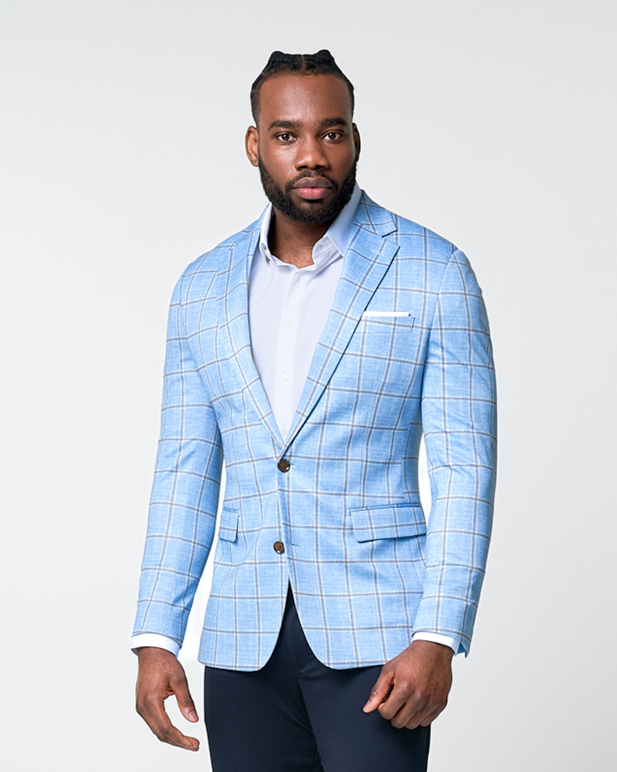 Athletic Fit Stretch Blazer - Light Blue and Brown Big Windowpane | State & Liberty Suits|Blazers