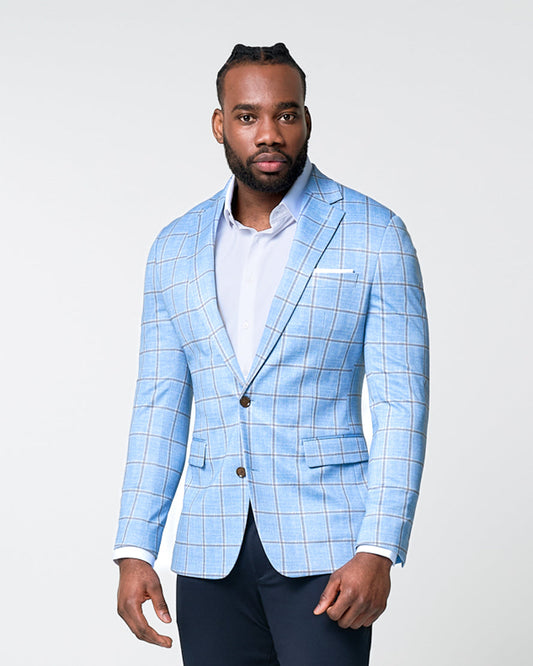Athletic Fit Stretch Blazer - Light Blue and Brown Big Windowpane | State & Liberty Suits|Blazers