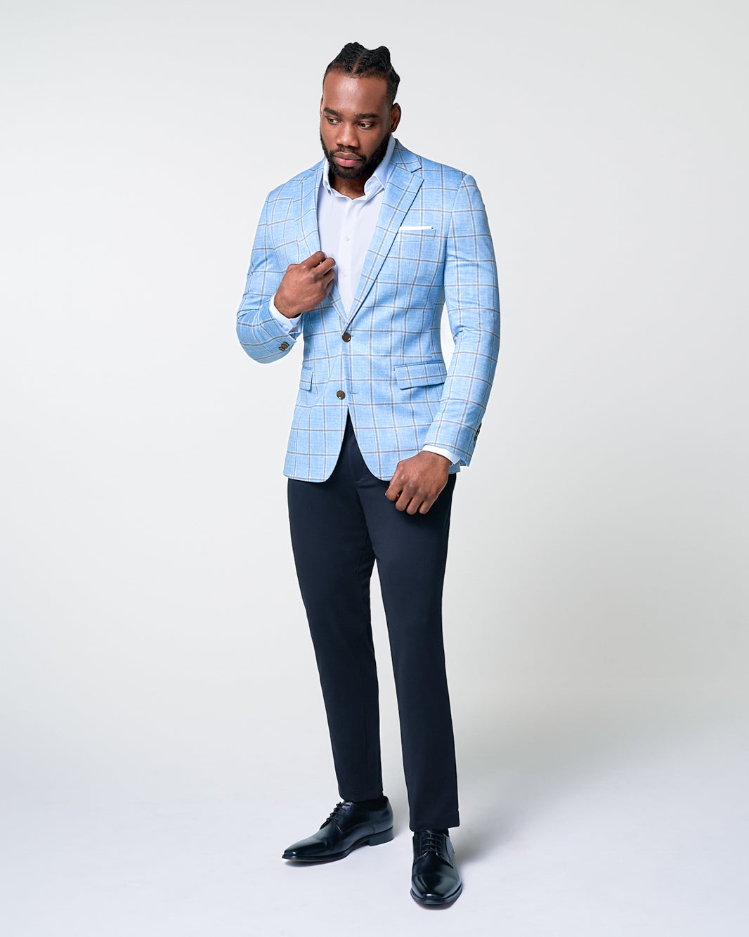 Athletic Fit Stretch Blazer - Light Blue and Brown Big Windowpane | State & Liberty Suits|Blazers