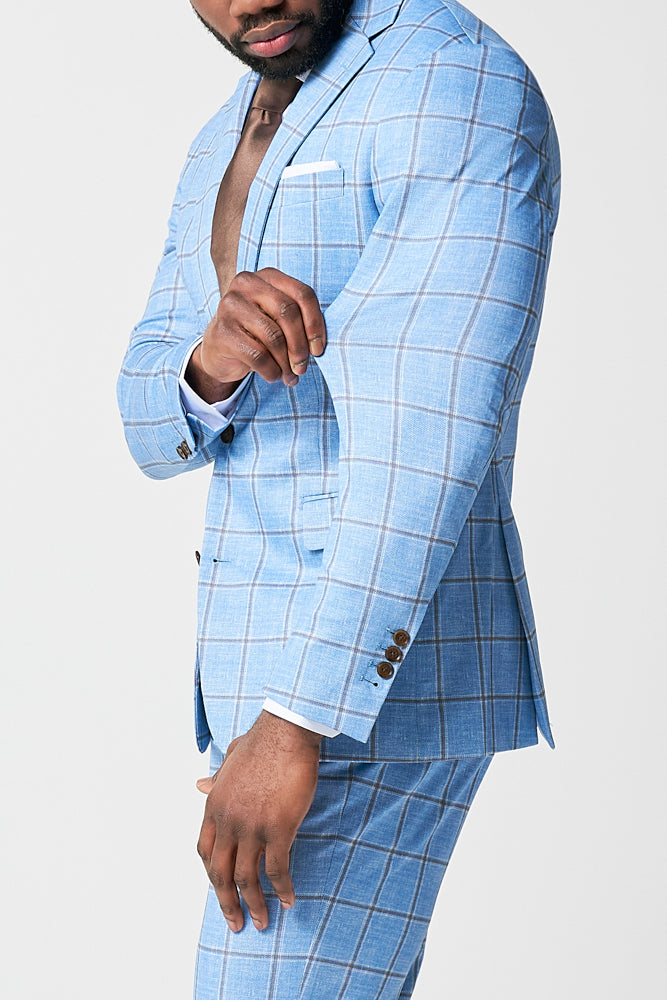 Athletic Fit Stretch Blazer - Light Blue and Brown Big Windowpane | State & Liberty Suits|Blazers