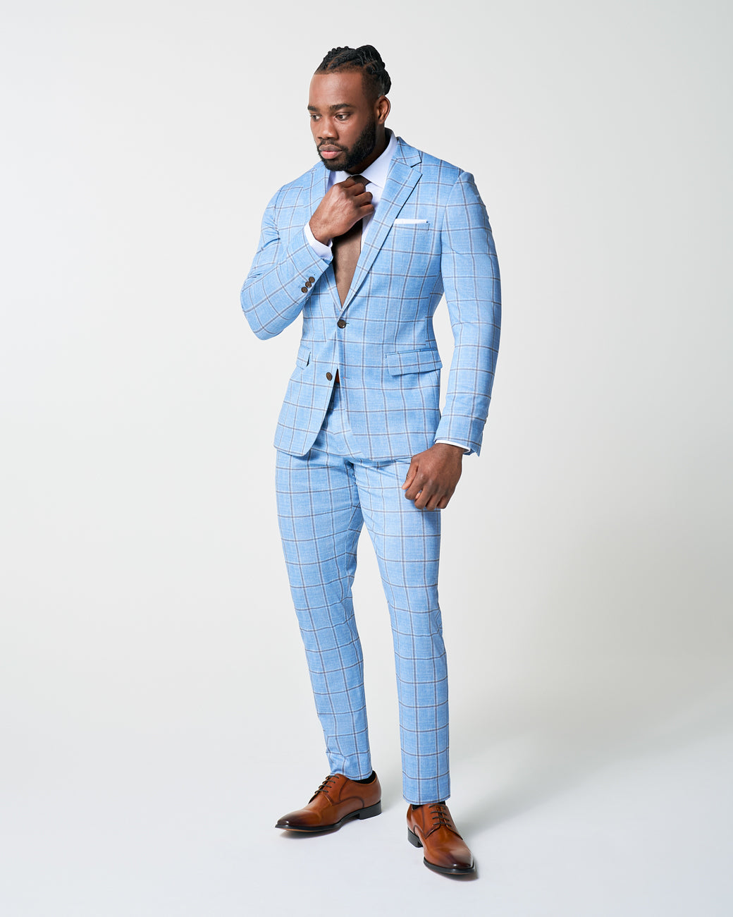 Athletic Fit Stretch Blazer - Light Blue and Brown Big Windowpane | State & Liberty Suits|Blazers