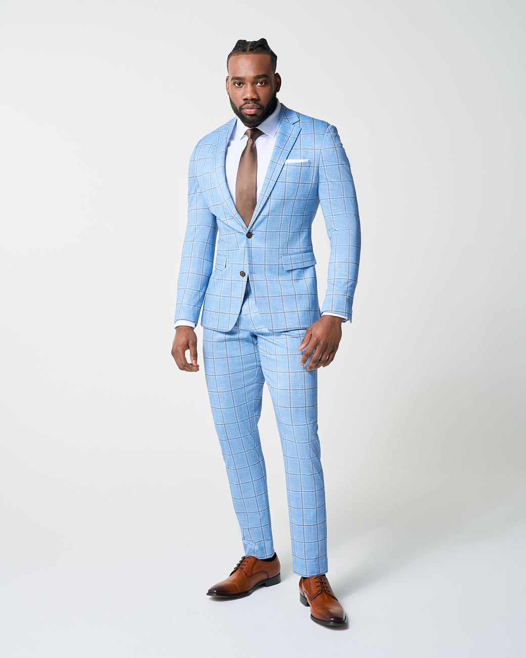 Athletic Fit Stretch Blazer - Light Blue and Brown Big Windowpane | State & Liberty Suits|Blazers