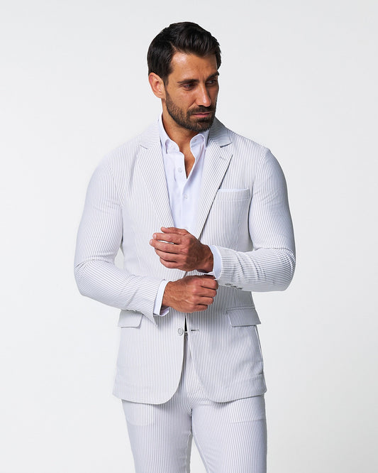 Athletic Fit Stretch Blazer - Grey & White Seersucker | State & Liberty Suits|Blazers