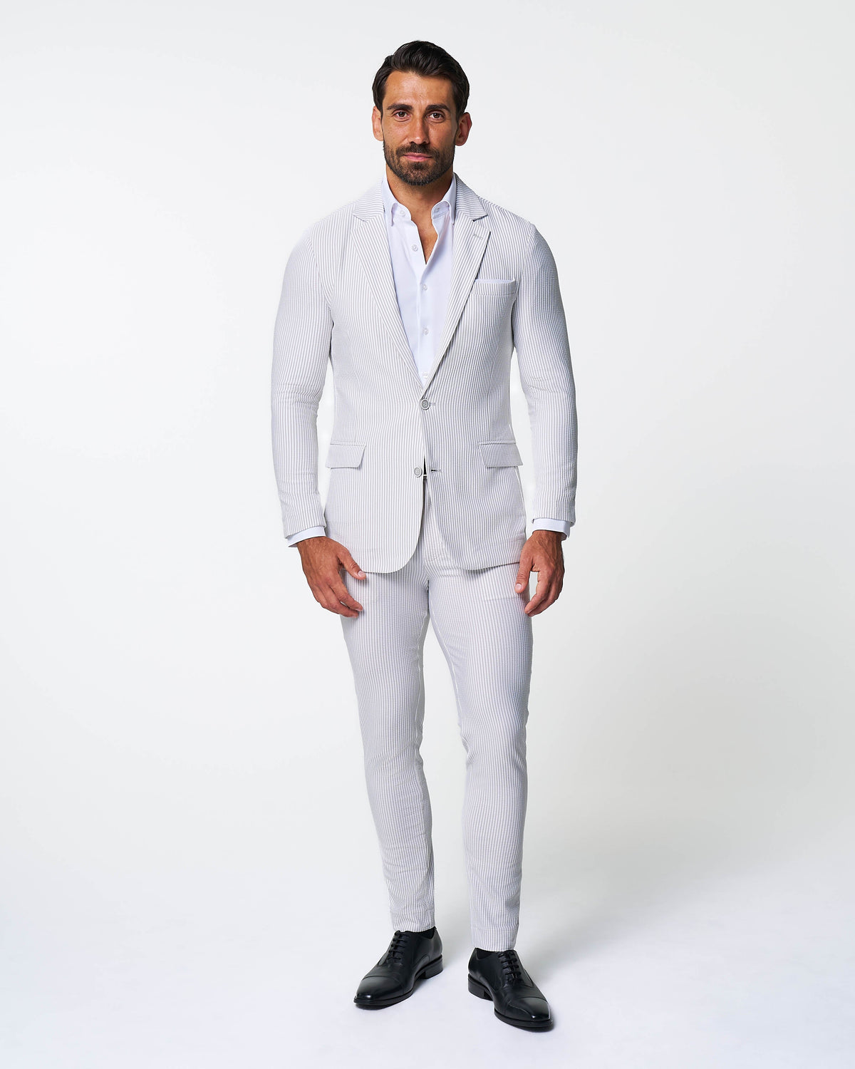 Athletic Fit Stretch Blazer - Grey & White Seersucker | State & Liberty Suits|Blazers