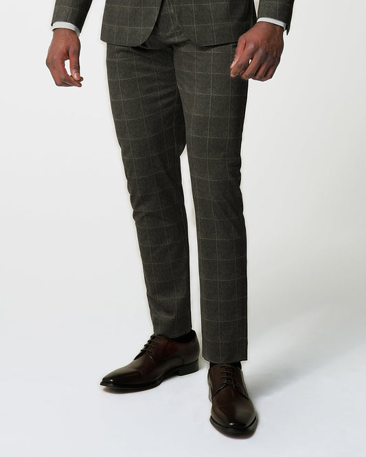 Athletic Fit Stretch Suit Pants - Olive with White Windowpane | State & Liberty Suits|Bottoms